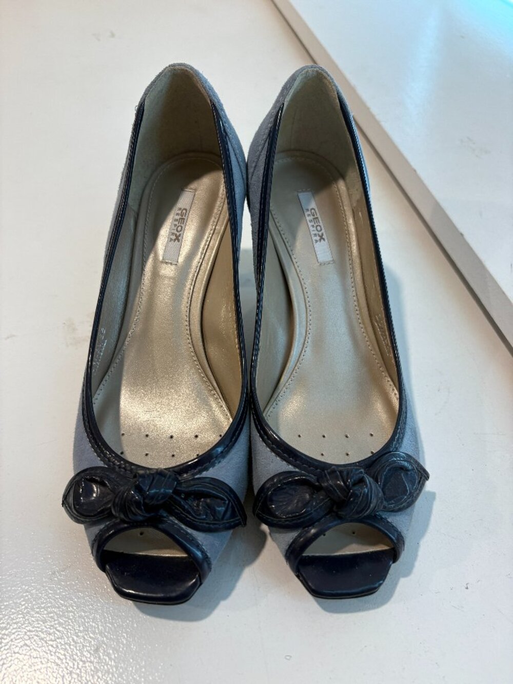 Geox Respira Blue Suede Peep-Toe Bow Heels Size 5
